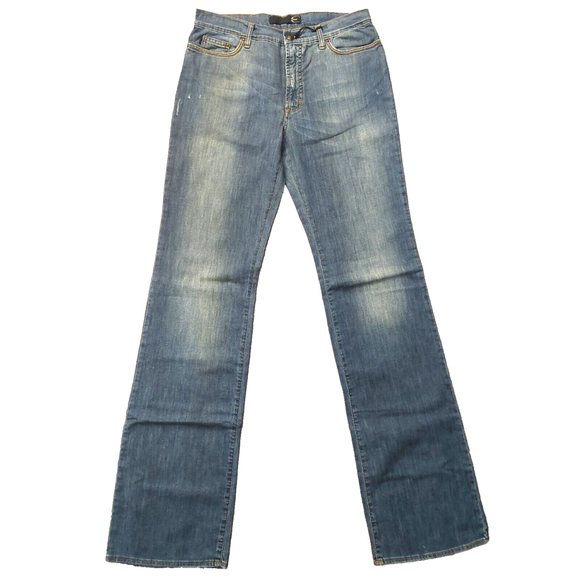 Just Cavalli Faded Distressed Zig Zag Stitch Blue Denim Bootcut Jeans Sz 32 NWT - Picture 1 of 16